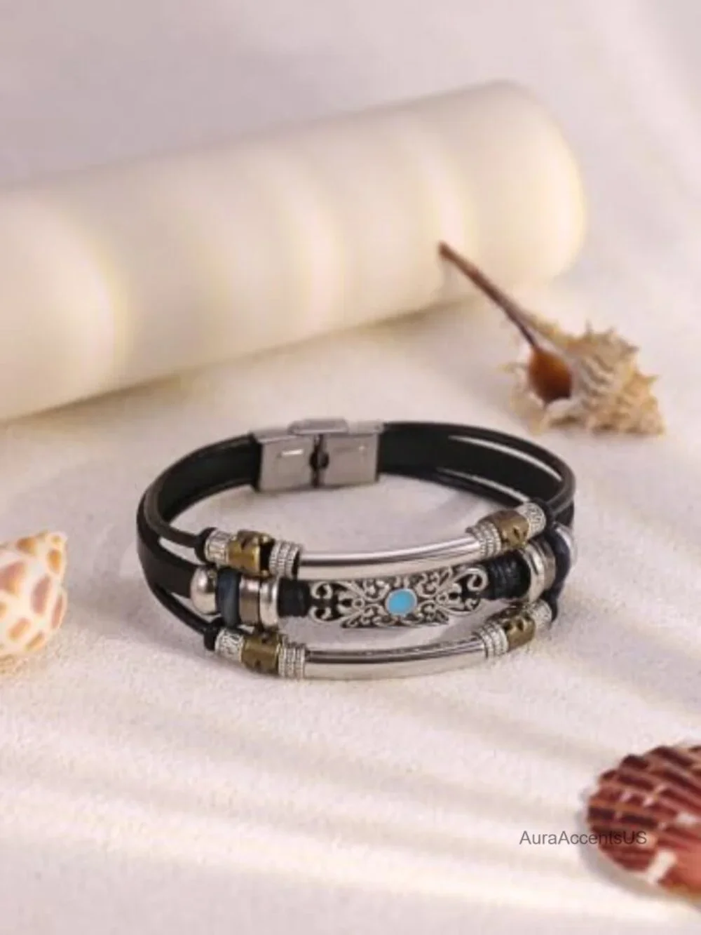 Western Turquoise Multi-Layer Leather Cuff Bracelet for Women Men